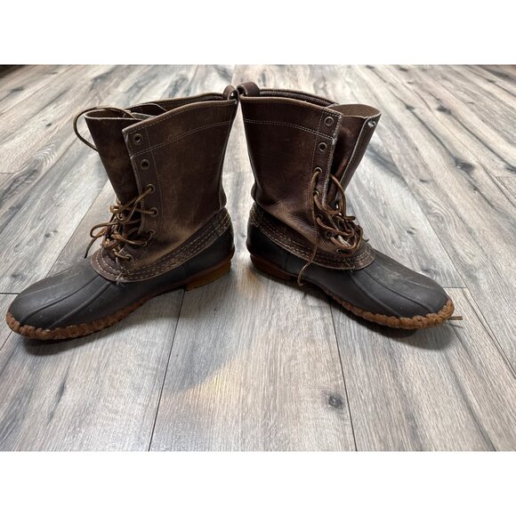 L.L. Bean Brown Leather Duck Boots L 9 Raw Hide Lace-Up Waterproof Outdoor Hunti - Picture 2 of 13